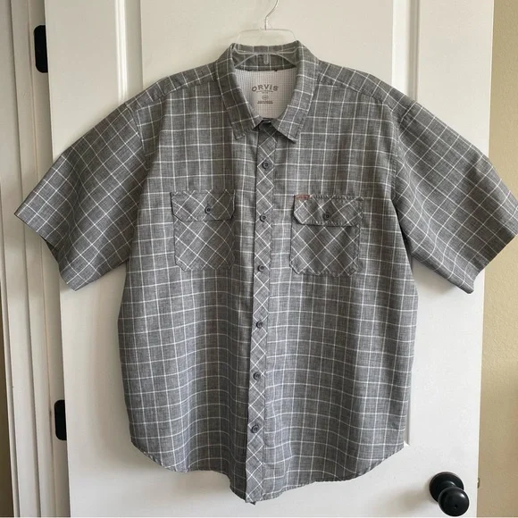 Orvis Mens Shirt Button Up Short Sleeve Gray Check Work Casual XXL - Picture 2 of 9